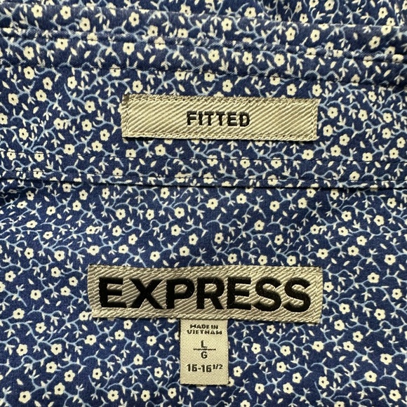 Express Fitted Shirt Mens Sz L 16-16.5 Blue W/White Flower Button Up Long Sleeve - Picture 4 of 5